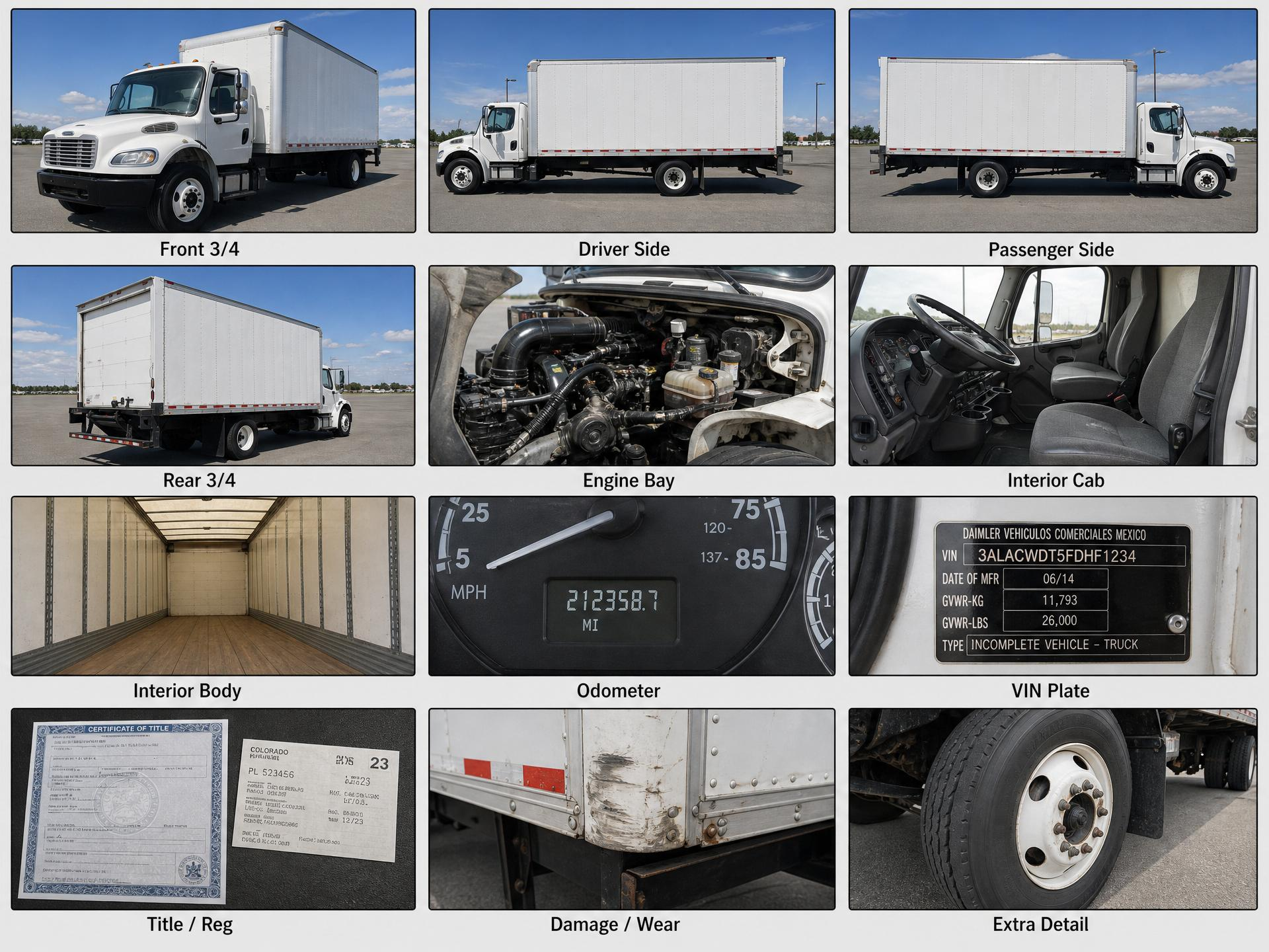 Trade-in photo guide showing the 12 recommended shots: front 3/4, driver side, passenger side, rear 3/4, engine bay, interior cab, interior body, odometer, VIN plate, title/registration, damage/wear, and an extra detail photo