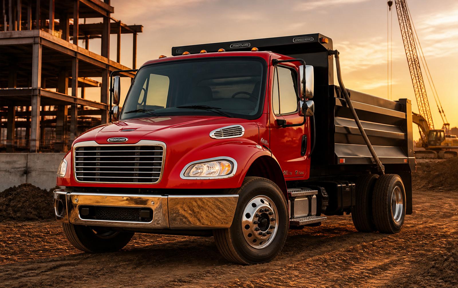 Red Freightliner M2 106 dump truck on a construction site
