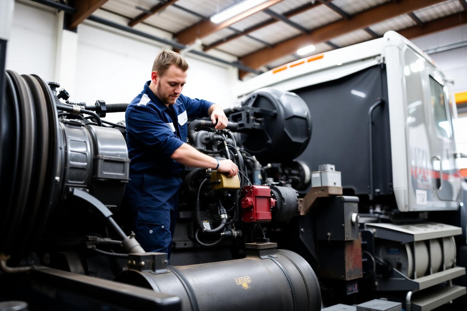 Diesel mechanic servicing a truck